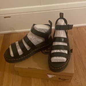 Dr Martens Blair black patent sandals.